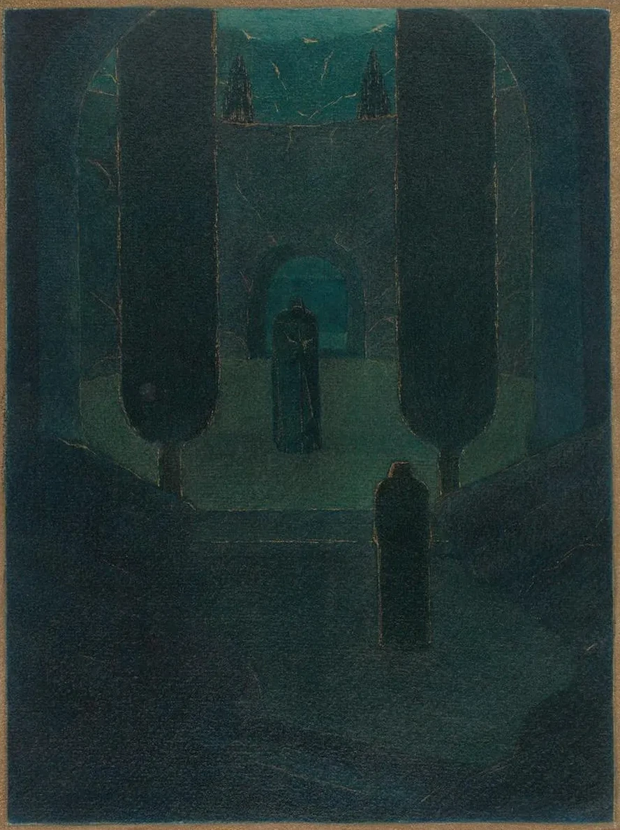 Cloaked Figures in a Dark Garden
