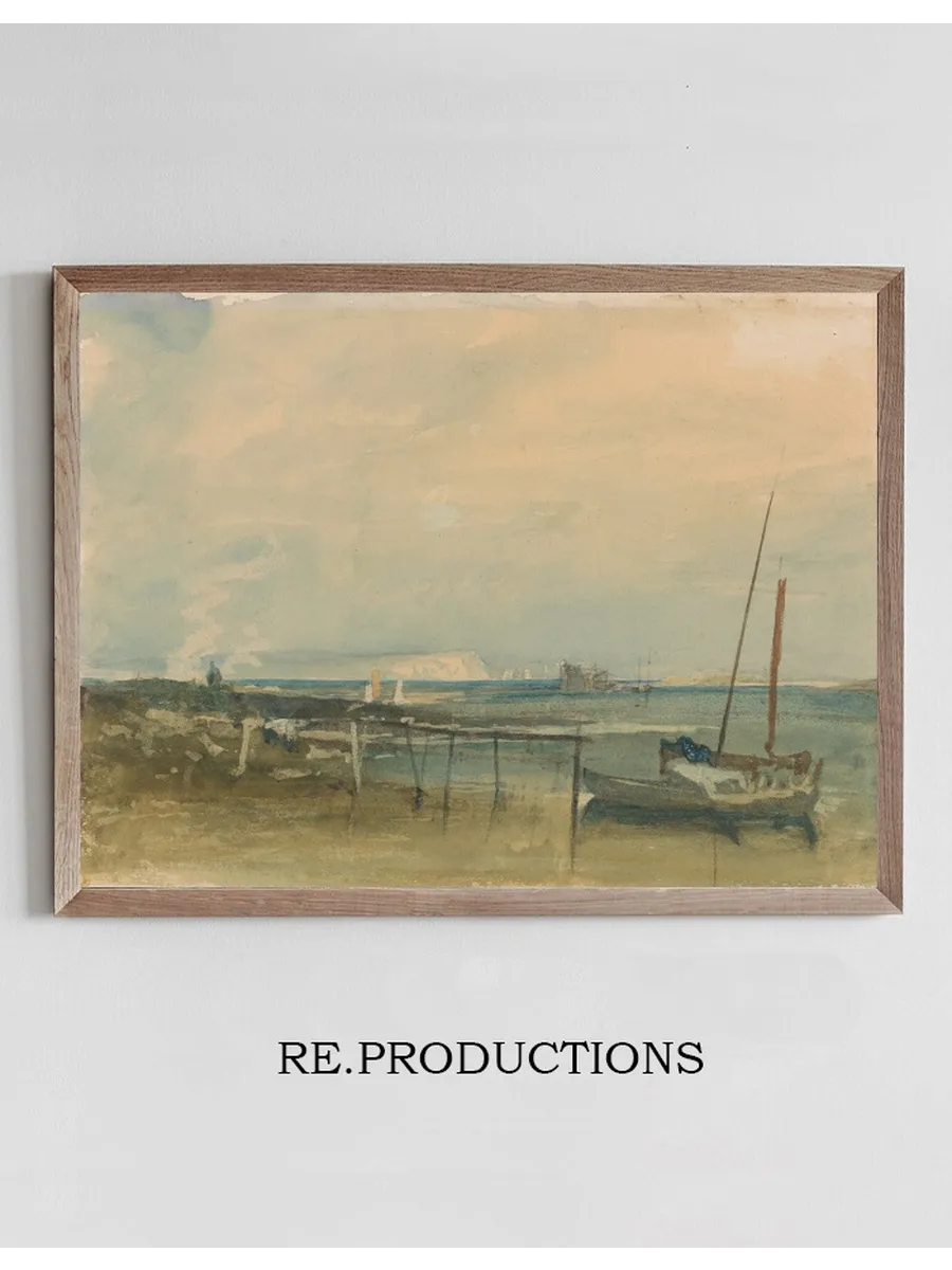 Coast Scene with White Cliffs and Boats on Shore