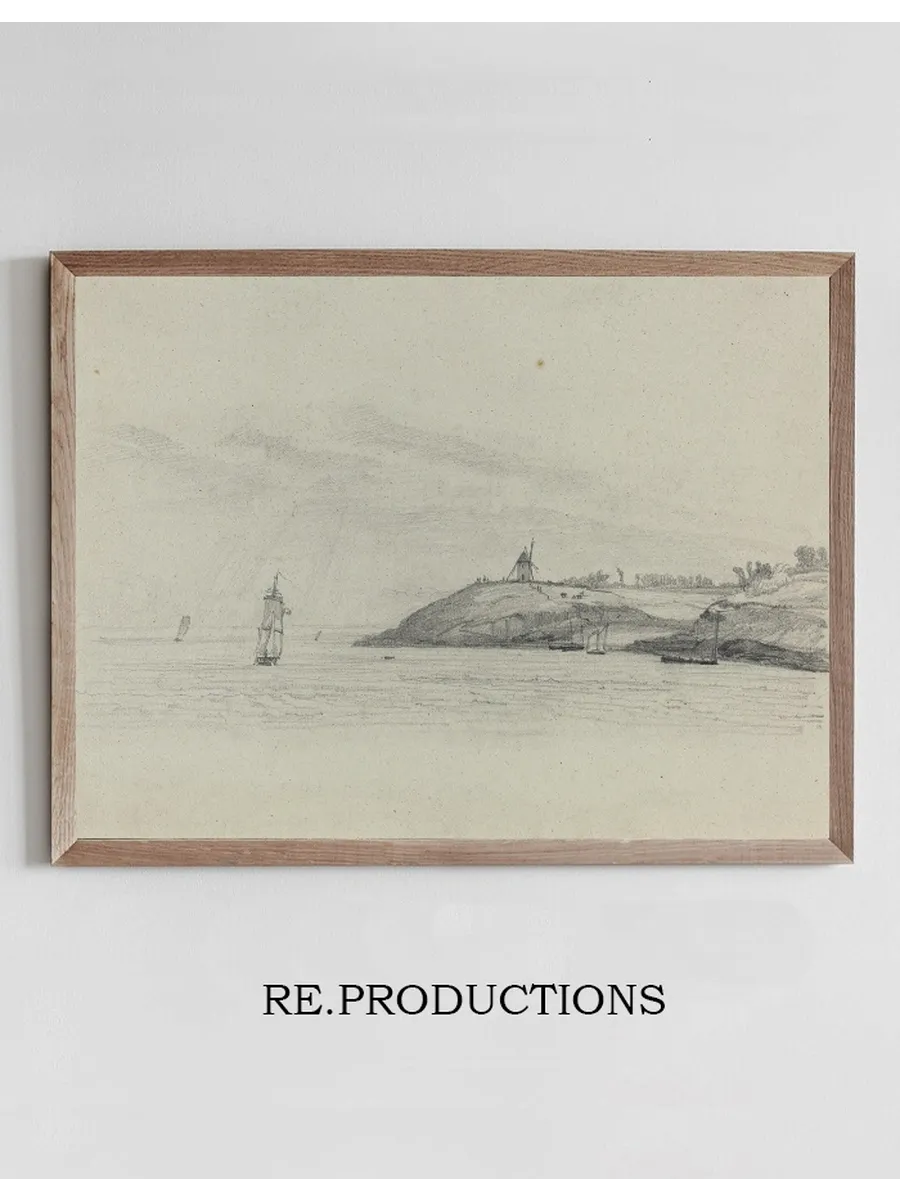 Coastal Landscape with Shipping Windmill in Distance