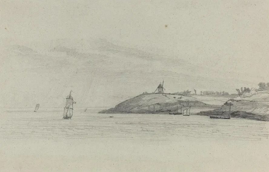 Coastal Landscape with Shipping Windmill in Distance
