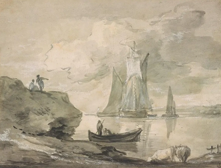 Coastal Scene with Shipping, Figures, and Cows