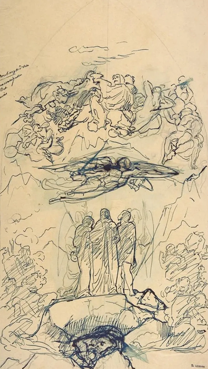 Composition Study with Three Figures Standing on a Rock