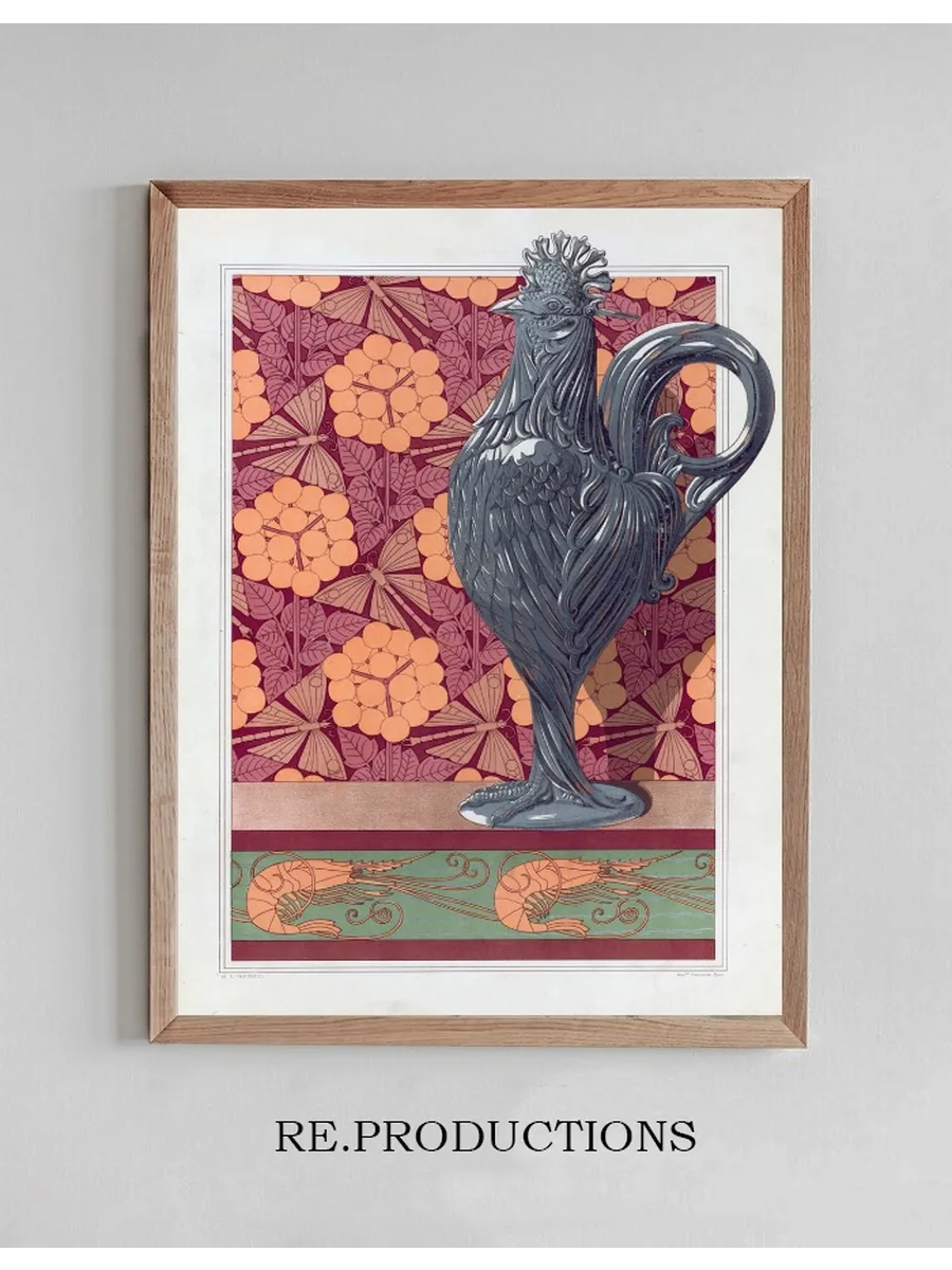 Coq, Vase Argent Cisel. Ombelles et Libellules, Jeu de Fond. Crevettes, Bordure