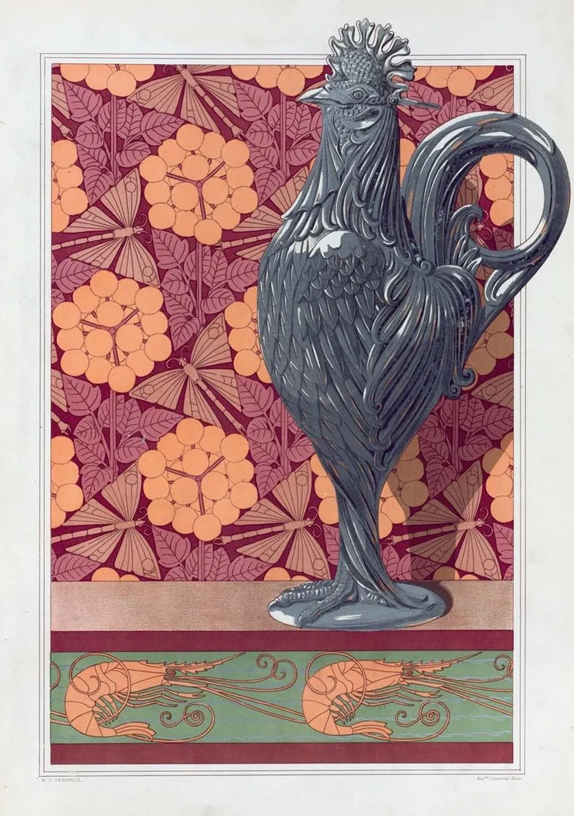 Coq, Vase Argent Cisel. Ombelles et Libellules, Jeu de Fond. Crevettes, Bordure