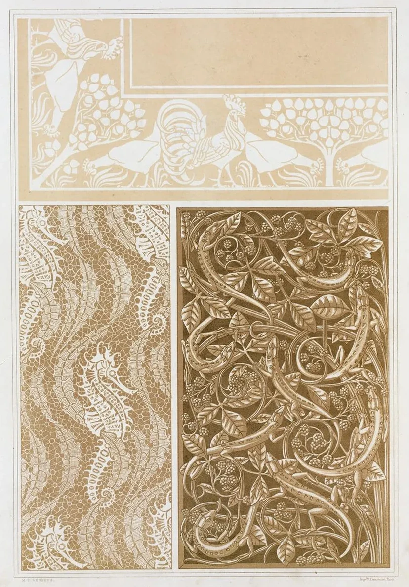 Coqs et Poules, Damass Hippocampes et Algues, Dentelle L Zards et Ronces, Grille En Bronze