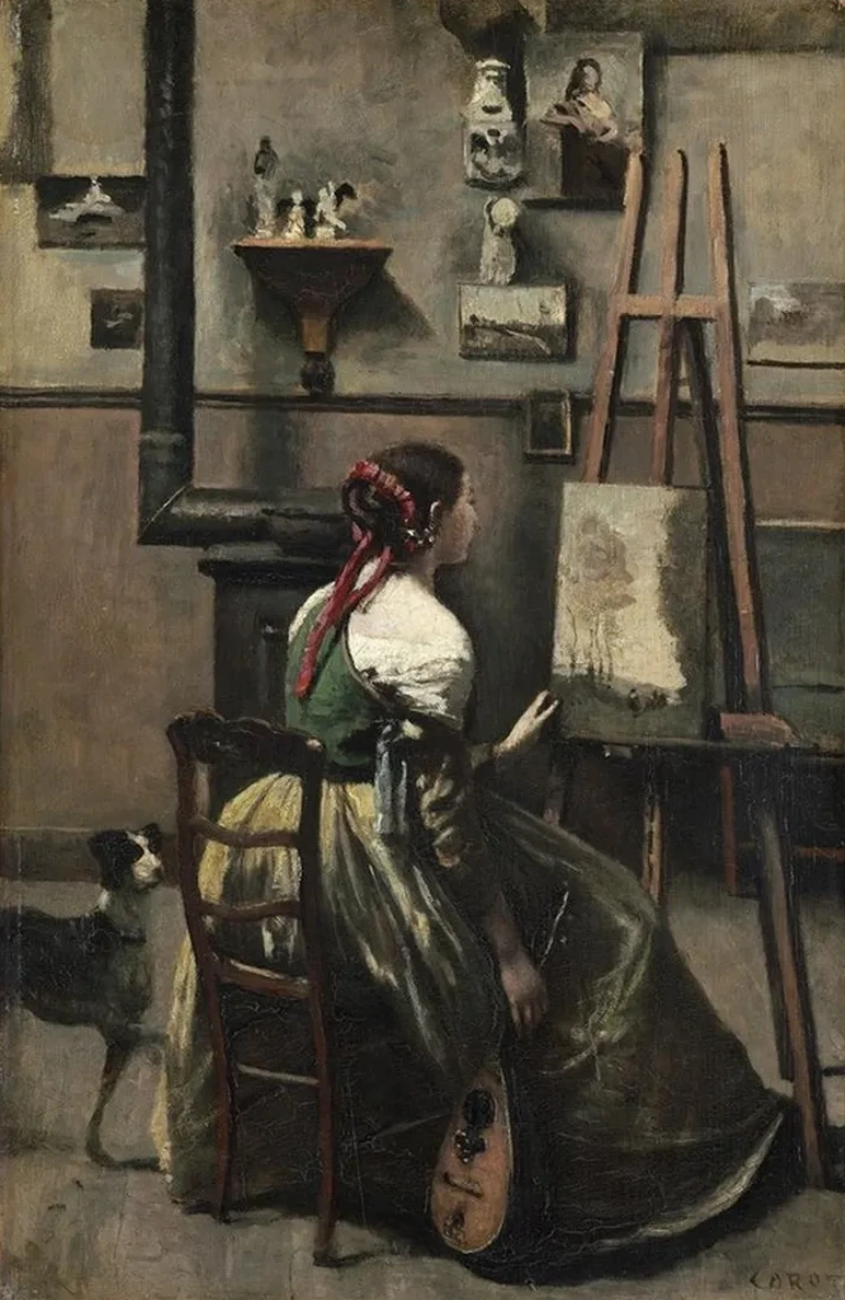 Corot's Studio Woman Seated Before an Easel,a Mandolin in her Hand