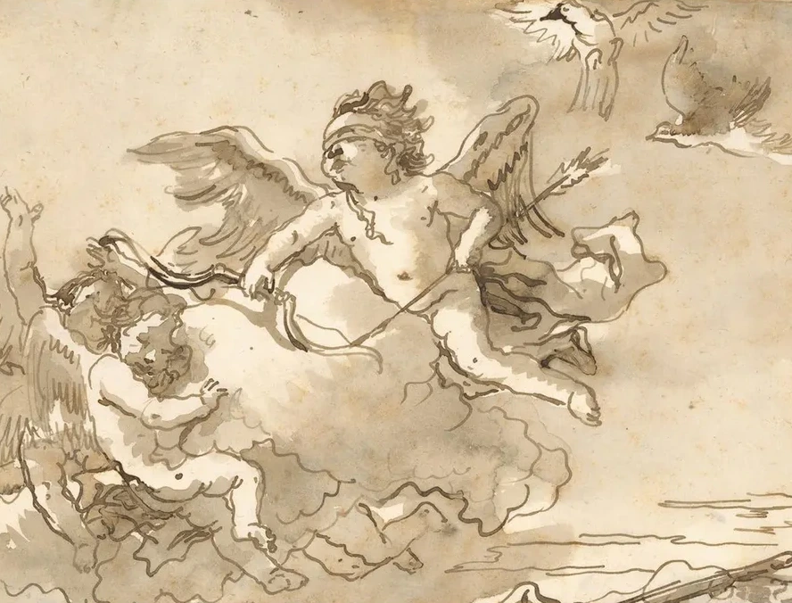 Cupid Blindfolded, on a Cloud Supported by Two Attendant Putti