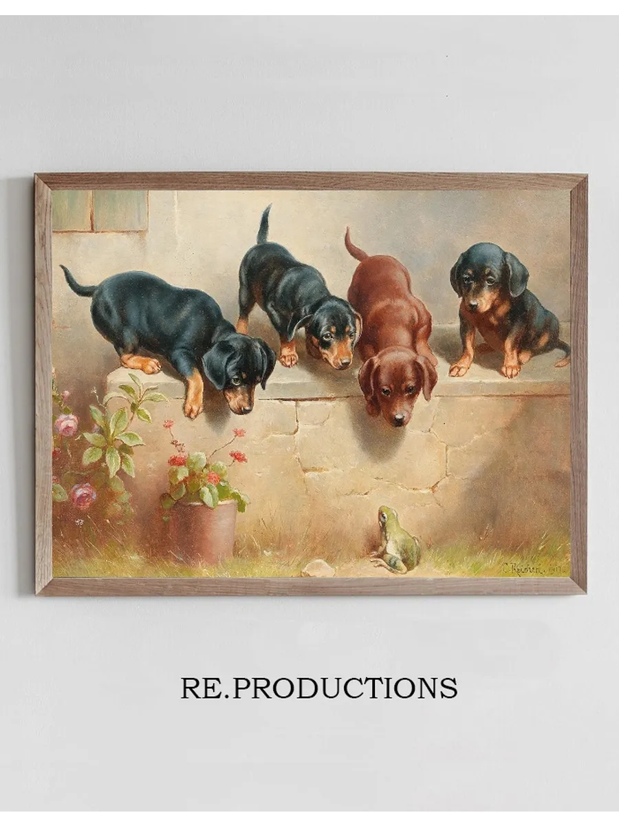 Curious Dachshund Puppies and a Frog