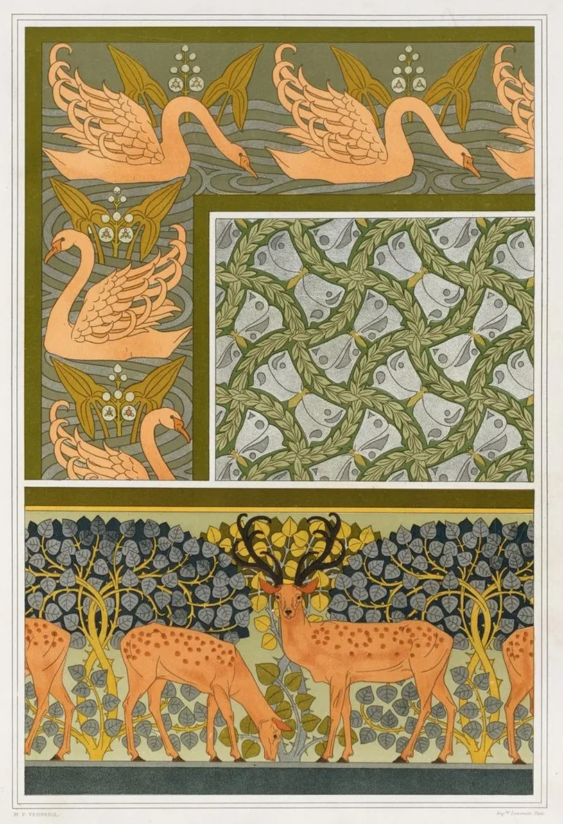 Cygnes et Sagittaire, Bordure. Pappillons et Feuillages, Toffe. Cerfs et Biches, Frise