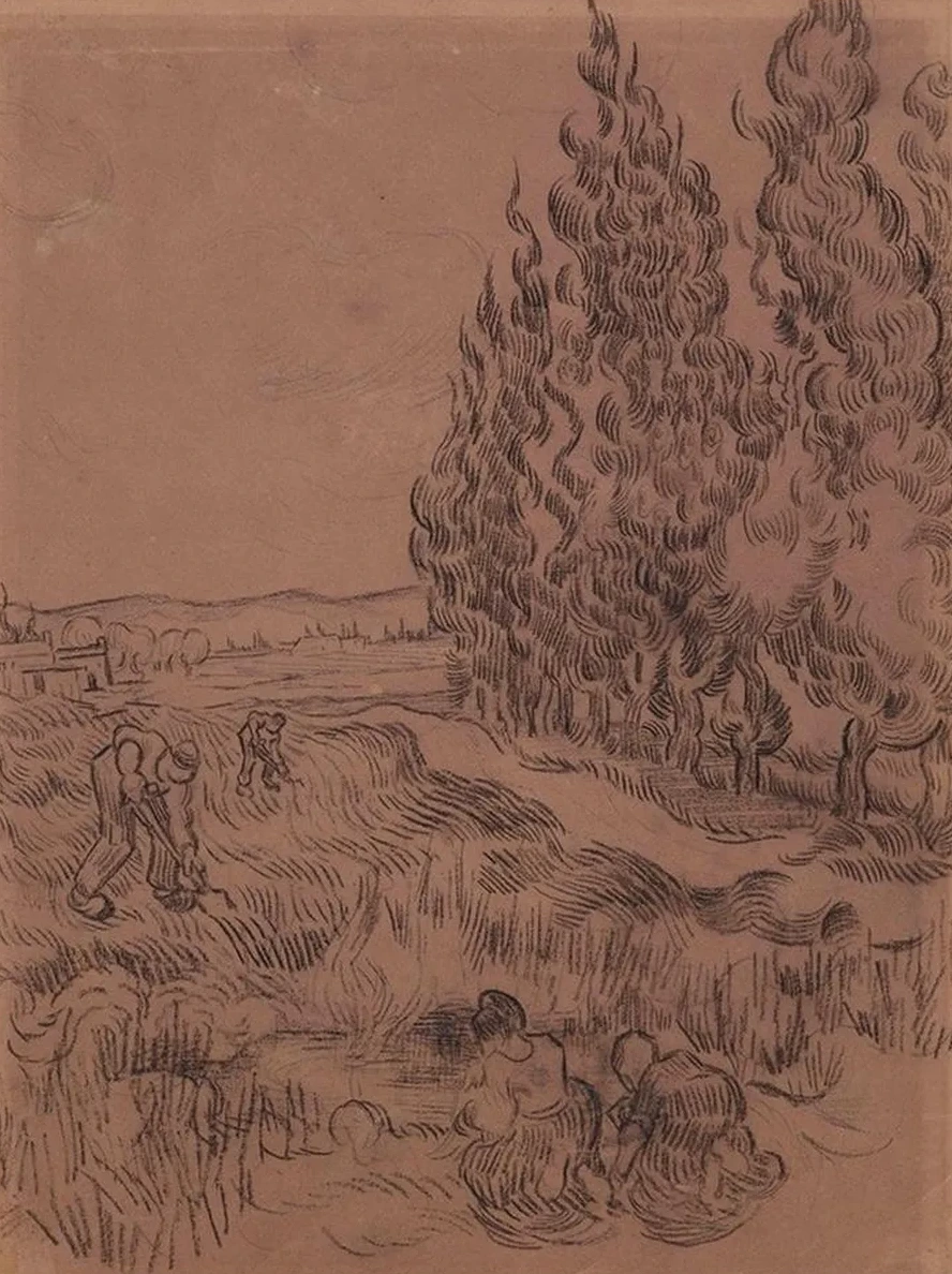 Cypresses with Four People Working in the Field
