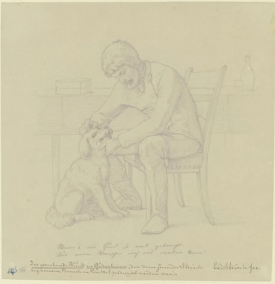 Der Sprechende Hund Zu R Desheim, Ein Mann Mit Dem Hund an Einem Tisch Sitzend