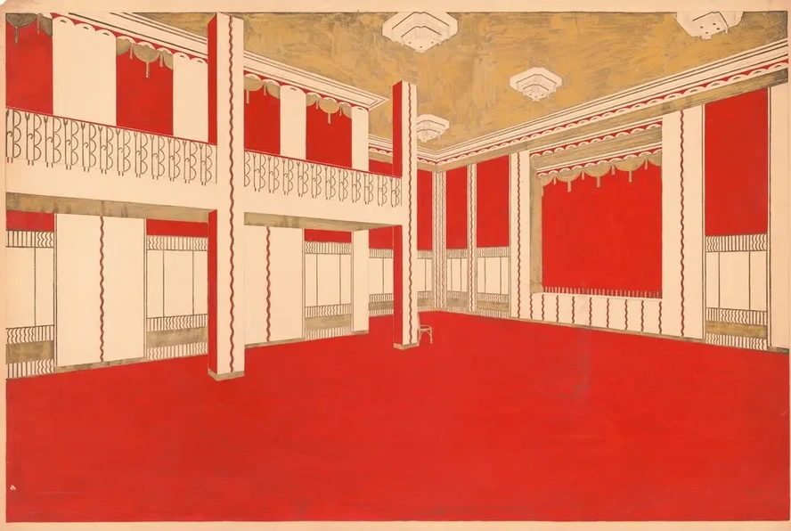 Design for Unidentified Ballroom, Probably New York City Area. Perspective Rendering in Vermillion and Gold