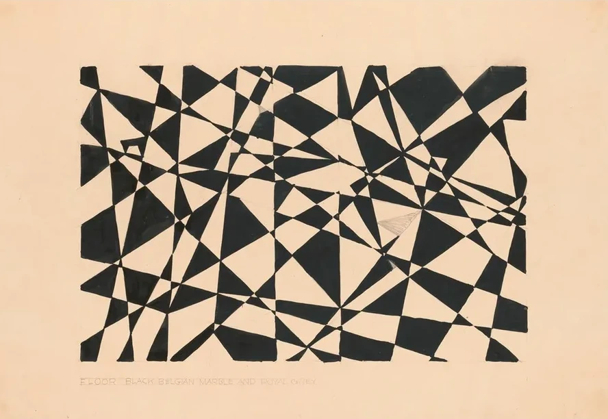 Design for Unidentified Floor, Black Belgian Marble and Royal Grey. Drawing with Abstract Pattern