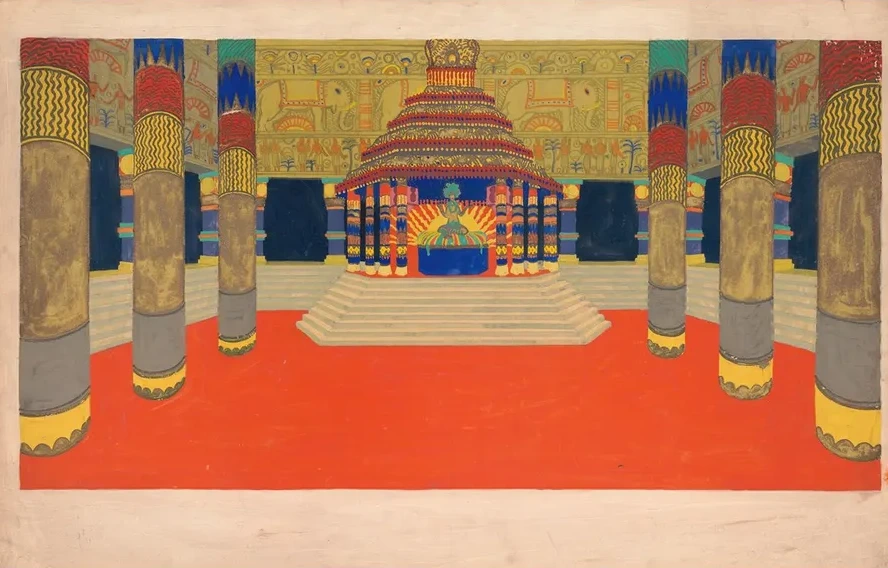 Design for Unidentified Interior. Drawing of Columned Hall with Altar on a Stepped Plinth and Decorative Friez