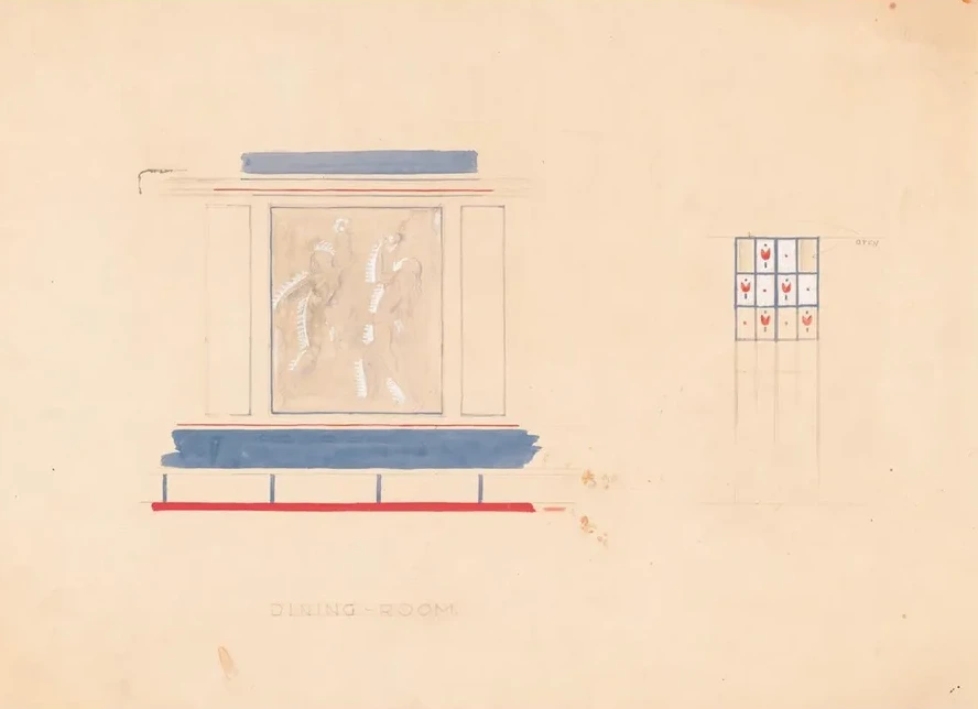 Design for Unidentified Restaurant Interior in Blue and Vermillion with Mural Featuring 2 Female Nudes and Pan