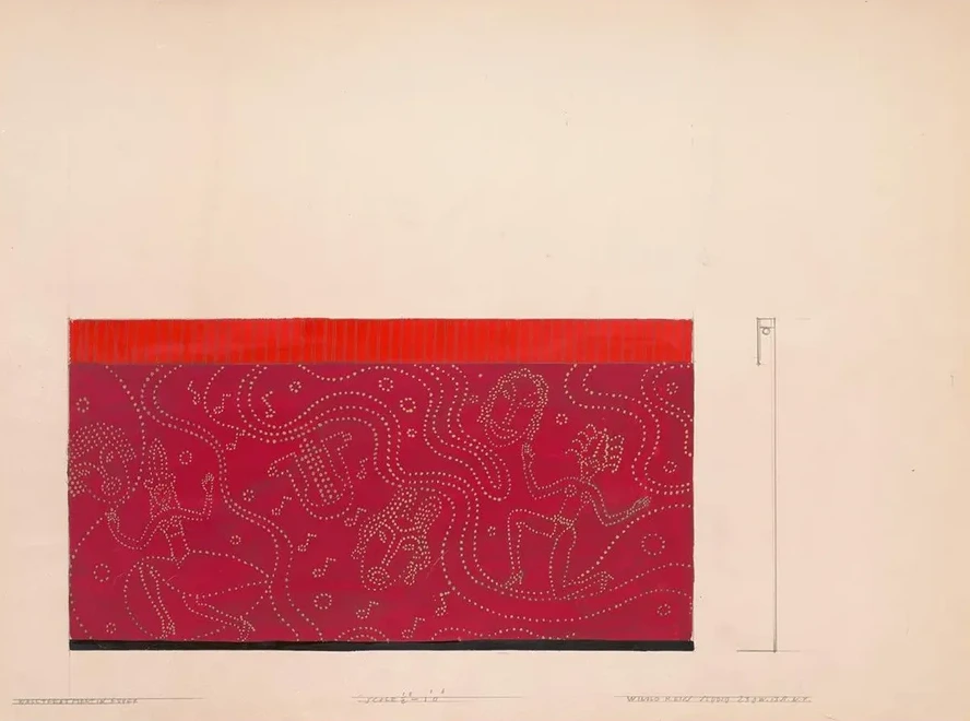 Design for Unidentified Restaurant, Possibly Dunhall's Restaurant, New York, NY. Mural of Masks and Dancing Fi