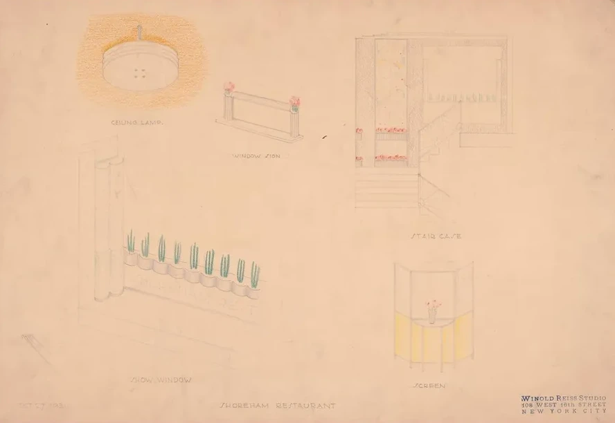 Designs for Interior of Shoreham Restaurant. Perspectives and Elevations for Ceiling Lamp, Show Window, Window