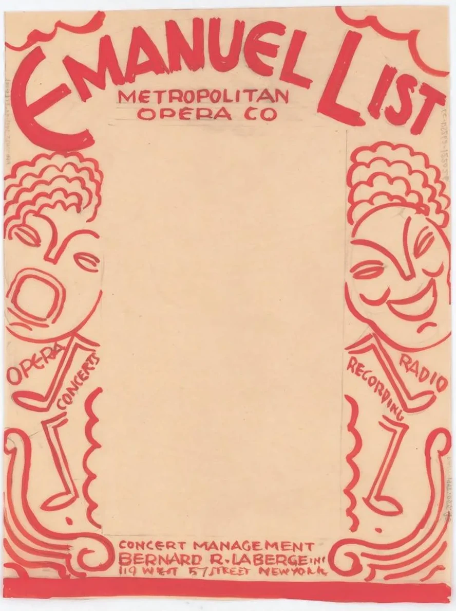 Designs for Promotional Material for Opera Singer Emanuel List. Drawing for Brochure Page