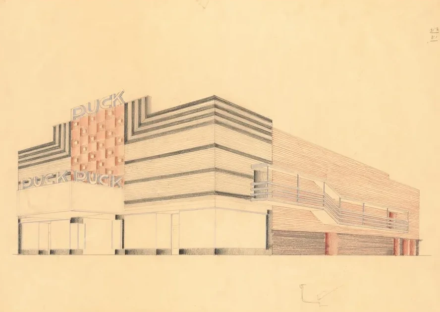 Designs for the Puck Theater (later Elgin Movie Theater, then Joyce Movie Theater), New York, NY. Exterior per