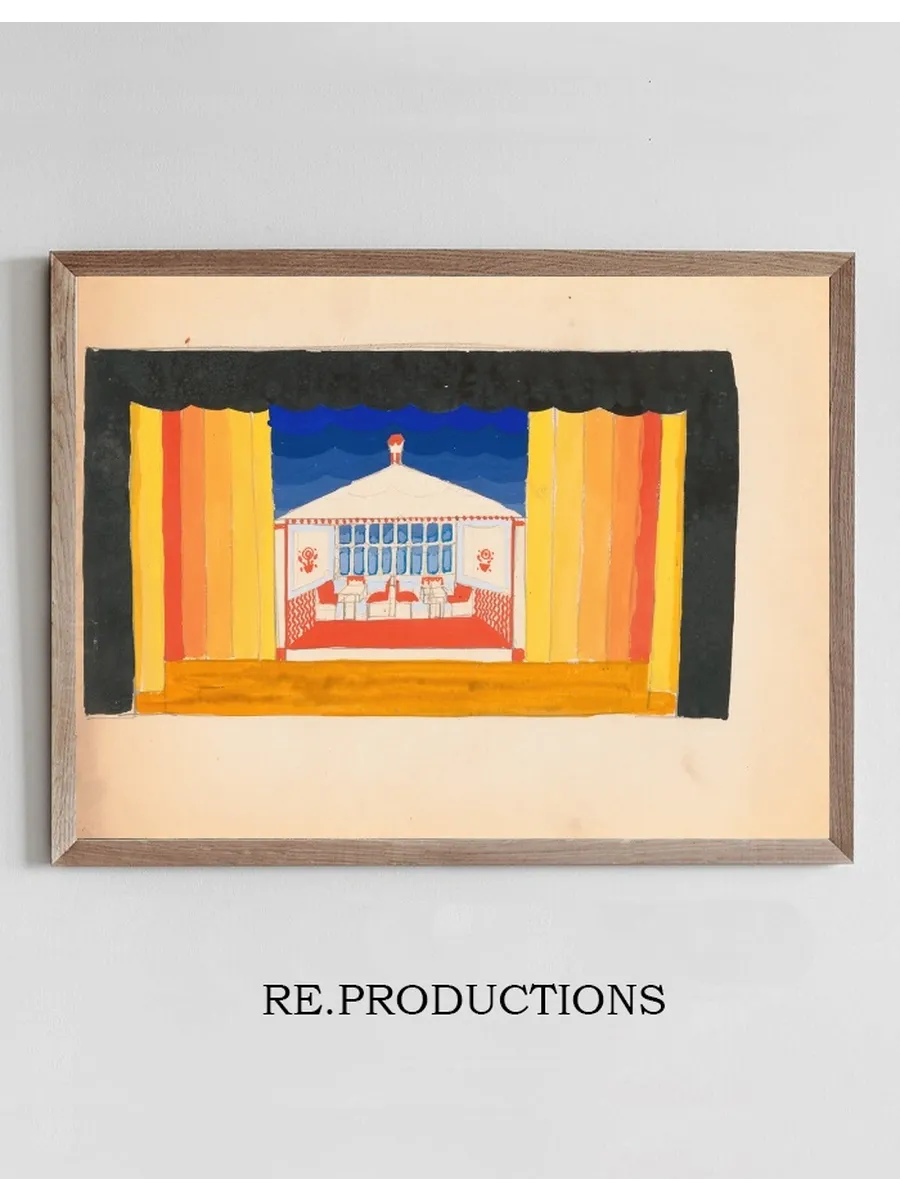 Designs for Theater with Black - Framed Proscenium and Boldly Colored Settings