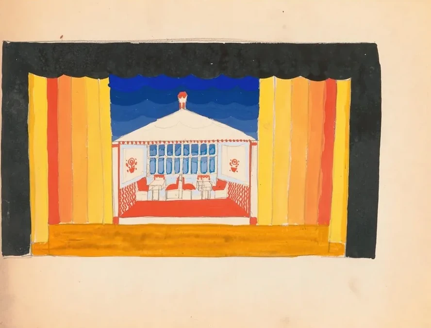 Designs for Theater with Black - Framed Proscenium and Boldly Colored Settings