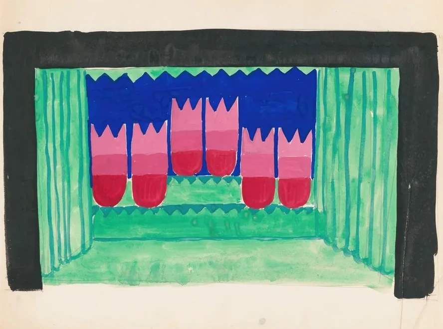 Designs for Theater with Black - Framed Proscenium and Boldly Colored Settings