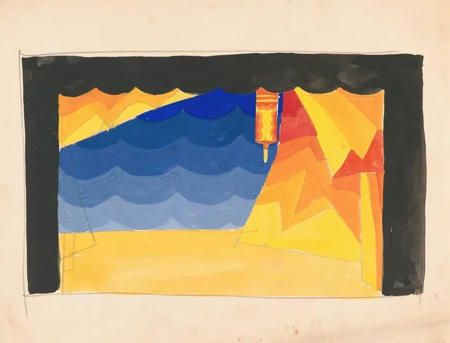 Designs for Theater with Black - Framed Proscenium and Boldly Colored Settings