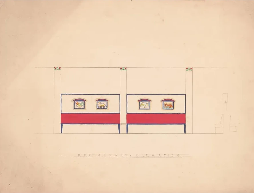 Designs for Unidentified Restaurant Interior, Possibly Elys E Restaurant, 1 East 56th St., New York, NY. Drawi