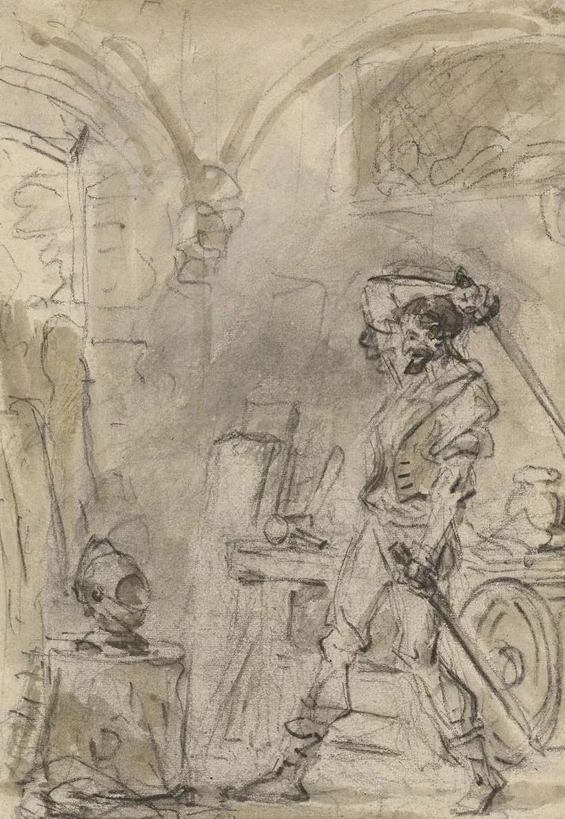 Don Quixote About to Strike the Helmet