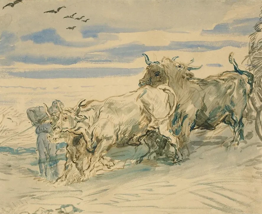Drover with Oxen Pulling a Cart