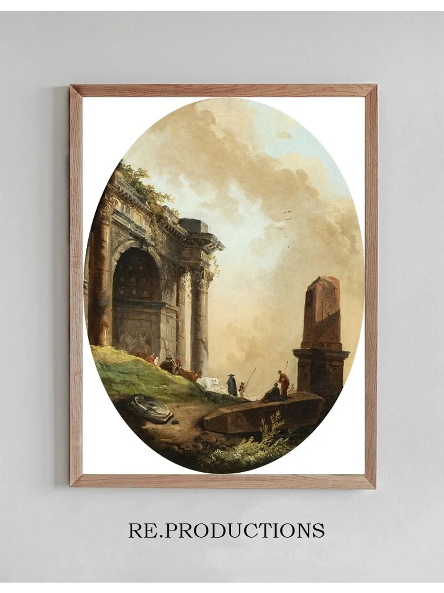 Drovers and Their Livestock Before a Ruined Arch and Obelisk