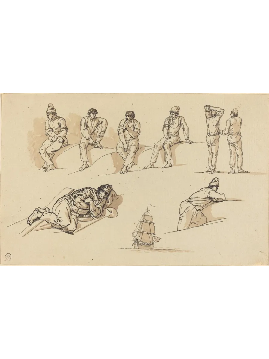 Eight Studies of Figures and a Ship at Sea