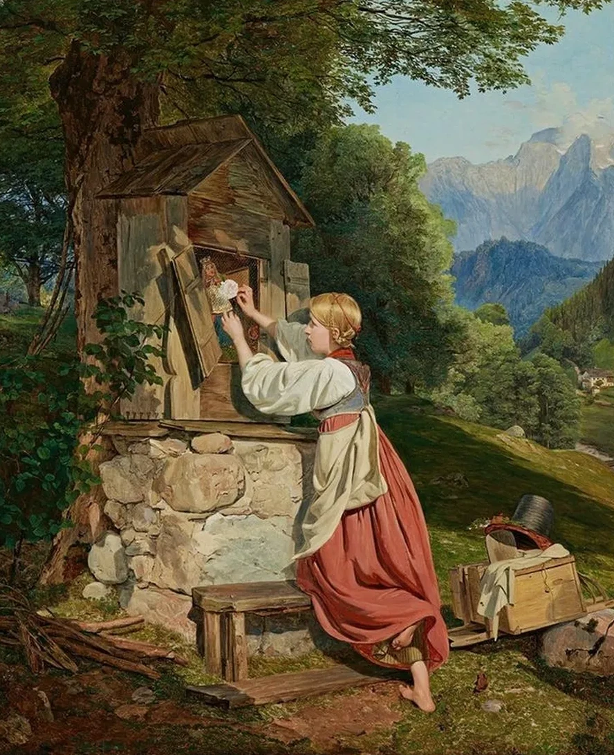 Ein M Dchen Schm Ckt Die Mutter Gottes Mit Einer Rose