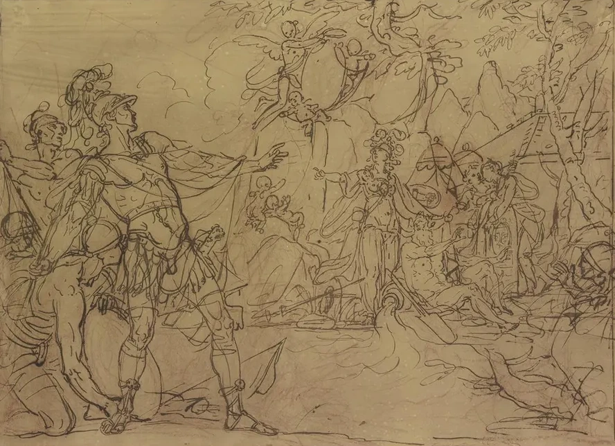 Ein Junger Krieger Ist IM Begriff, Ein Lager Anzugreifen, Minerva Verwehrt Es Ihm, Sie Ist Umgeben von Wappen