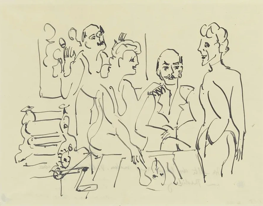 Emil Nolde, Ada Nolde, Erich Heckel und Ernst Ludwig Kirchner bei der Vorbereitung eines Holzschnittes