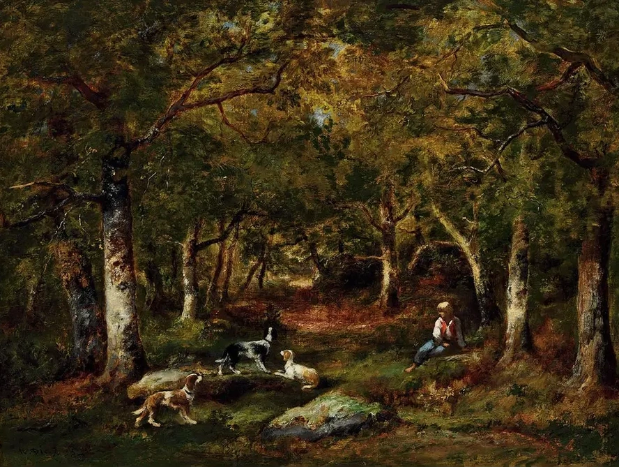 Enfant Et Chiens De Chasse En For t