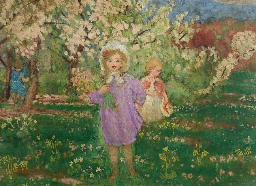 Enfants Dans Un Verger Fleuri