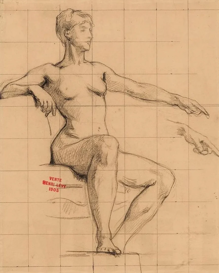 Etude de Jeune Femme Nue Assise Pointant L Index Gauche Vers L Avant