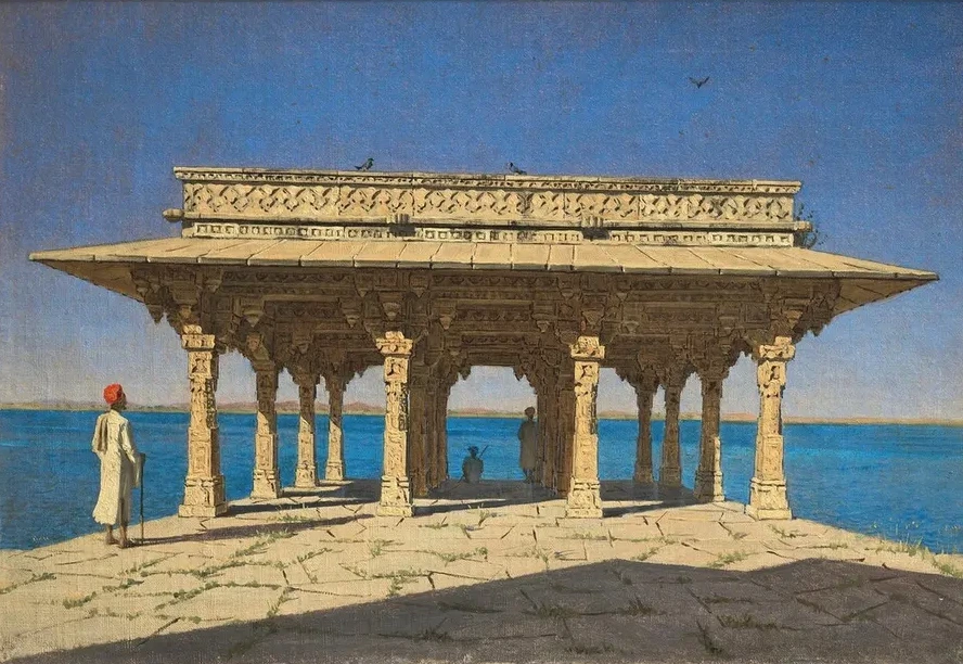 Evening on a Lake. A Pavilion on the Marble Embankment in Rajnagar (udaipur Principality)