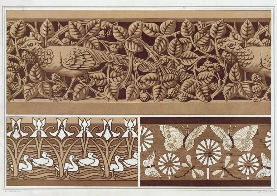 Faisan et Ronces, Bois Sculpt Jour. Papillons et Libellules, Marqueterie. Canards et Iris, Pochoir