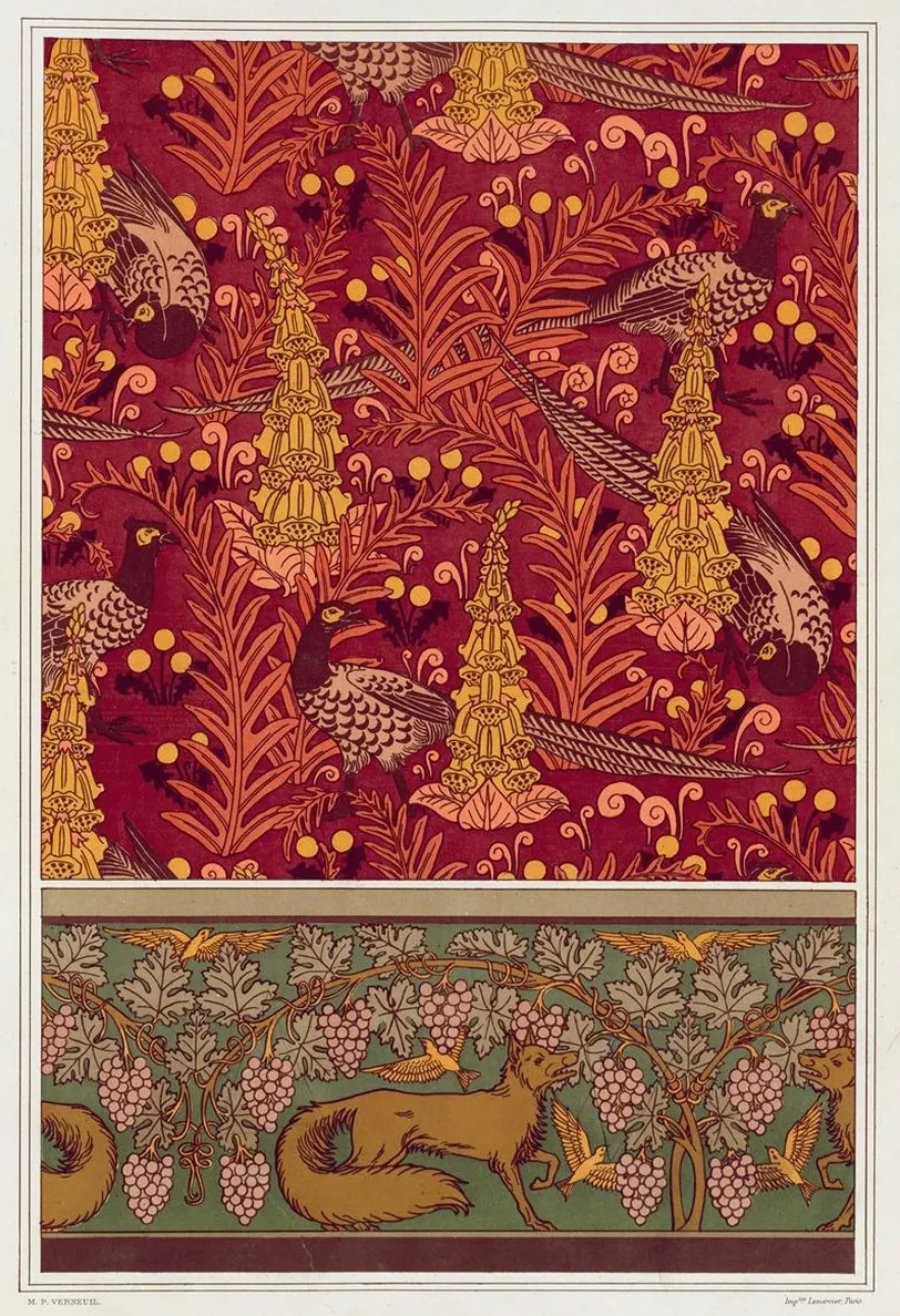 Faisans Ordinaires, Digitales, Foug Res et Pissenlit, Toffe Imprim E. Renard, Oiseaux et Vigne, Bordure