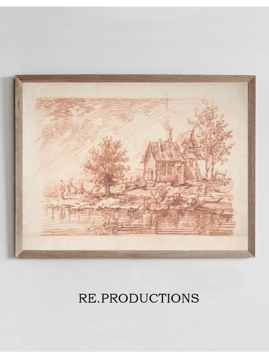 Farm House Along a River, Two Figures at Left