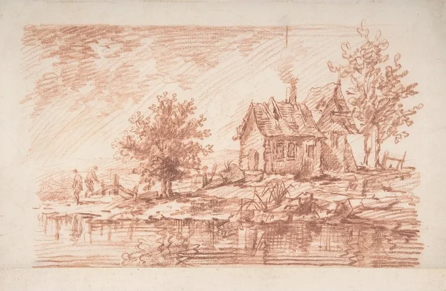 Farm House Along a River, Two Figures at Left