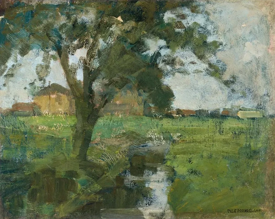 Farm Setting With Foreground Tree And Irrigation Ditch