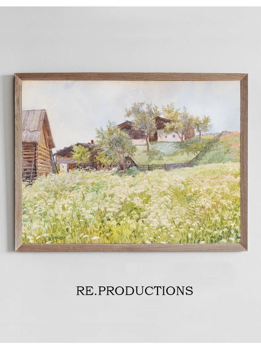 Farm Houses, a White Blooming Field in Front of It