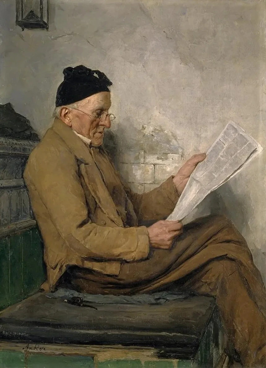 Farmer Reading on the Stove Bench
