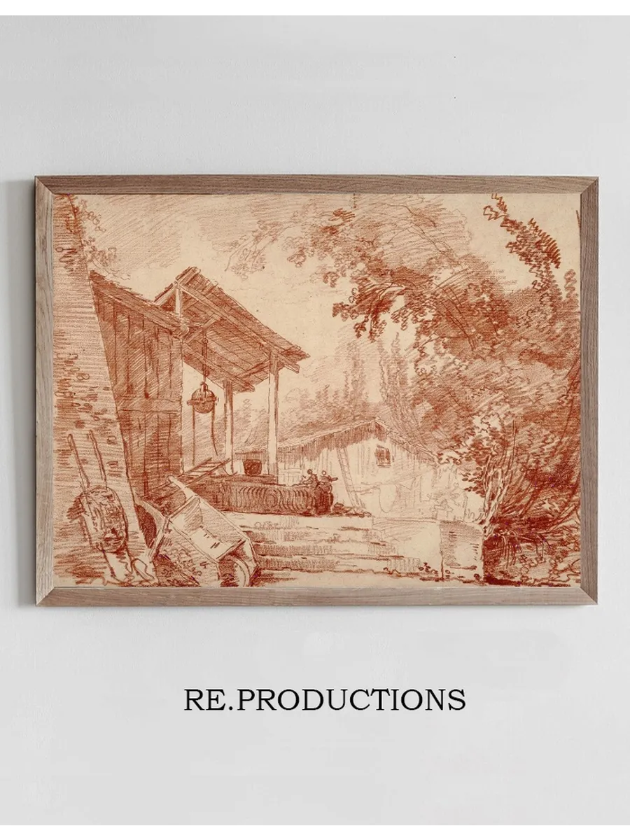 Farmyard with Two Figures by a Well and a Large Wheelbarrow in the Foreground