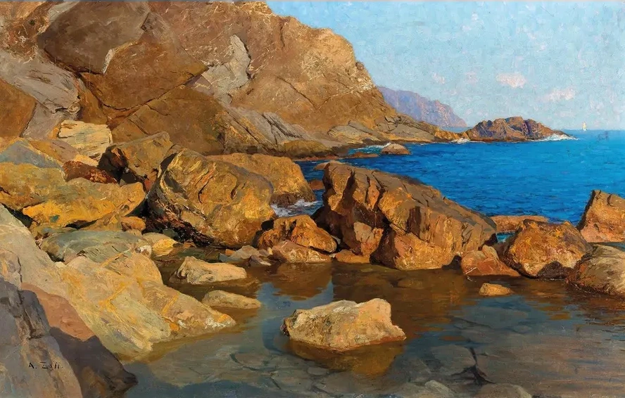 Felsige K ste bei Nervi in Abendsonne
