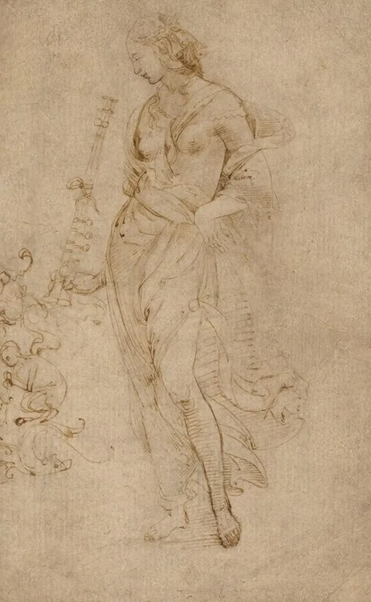 Female Figure with a Tibia, and Ornamental Studies