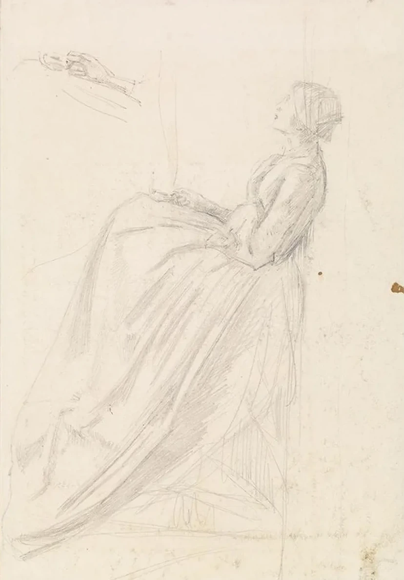 Female Sketch of a Seated Woman Holding Lamp